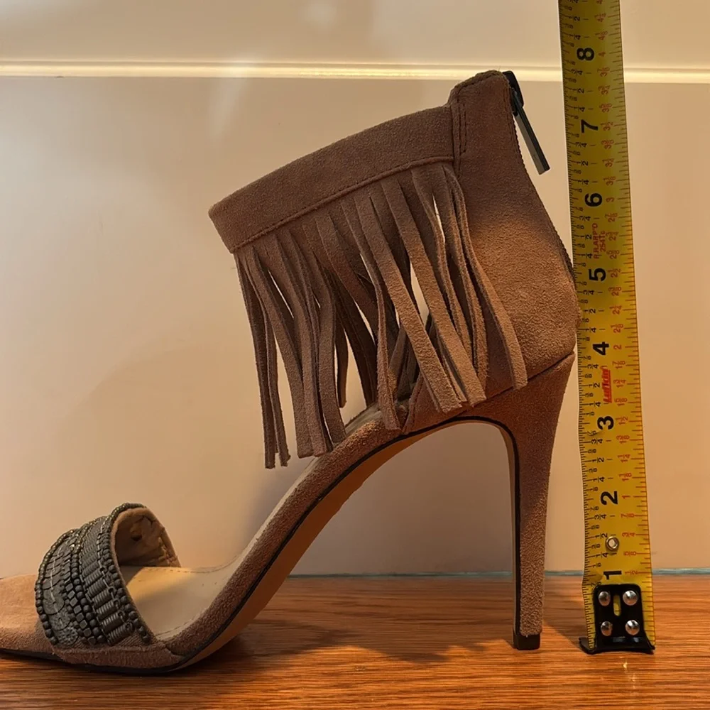 Vince Camuto Taupe Suede Fringe Beaded Open-Toe Heels